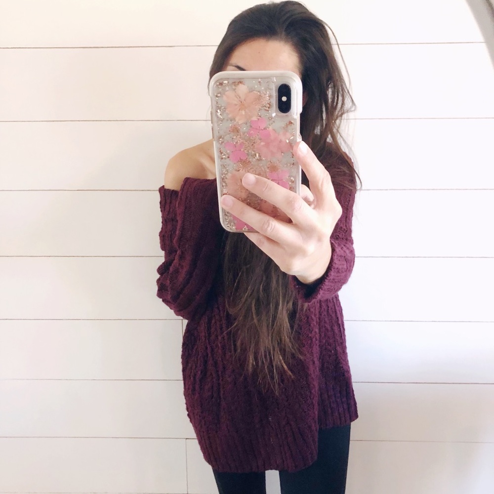 Plum merlot slouchy knit sweater off the shoulder